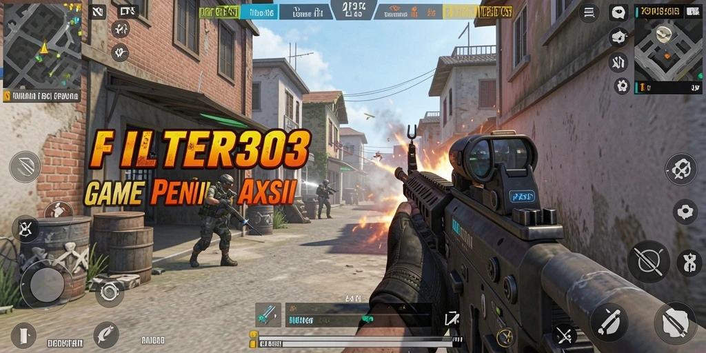 Tampilan gameplay intens dari FILTER303 dalam aksi tembak-menembak.