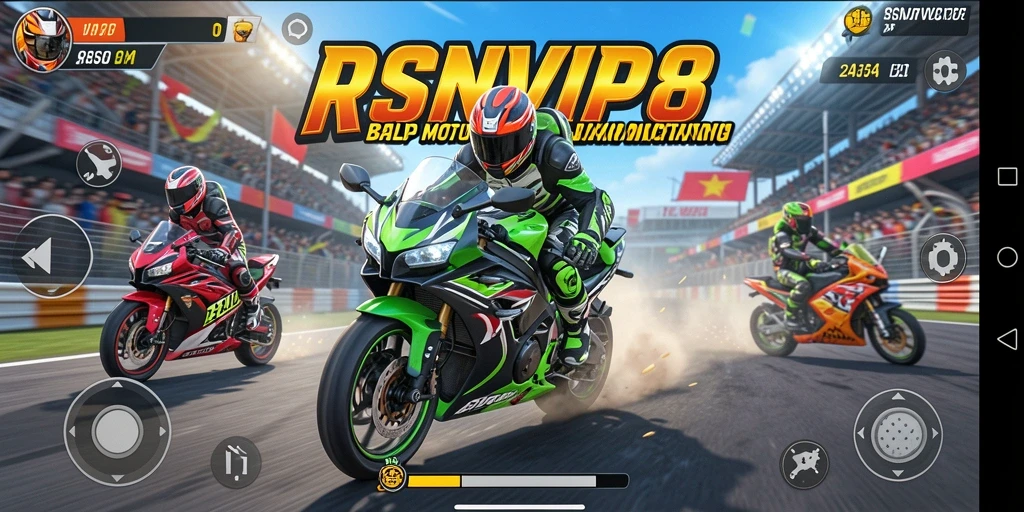 Tangkapan layar gameplay RSNVIP8 menunjukkan balap motor yang seru dan realistis.