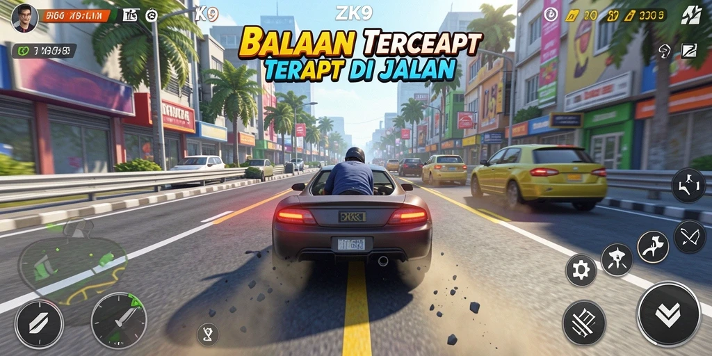 Tangkapan layar gameplay ZK9 yang menampilkan balapan seru di jalan.